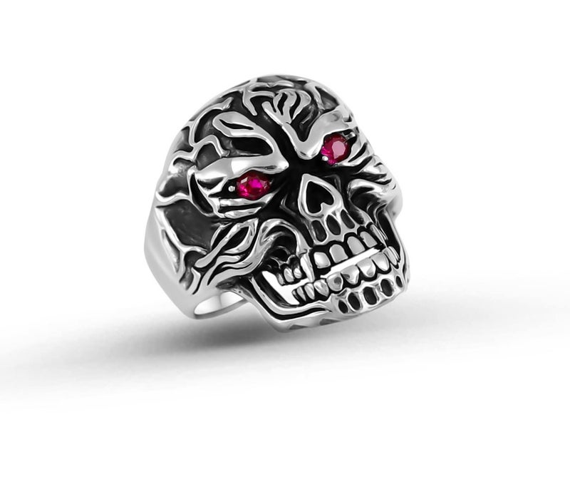 Babylon Silver Solid 925 Sterling Silver CZ Cubic Zirconia Ruby Color Red Eyes Retro Gothic Biker Skull Luxury Men's Ring (8) - Image 1